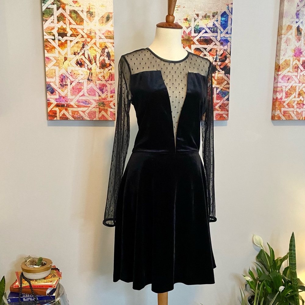 SEXY BLACK DRESS w/ Deep Drop Polka Dot Mesh and Back Zipper Size M
